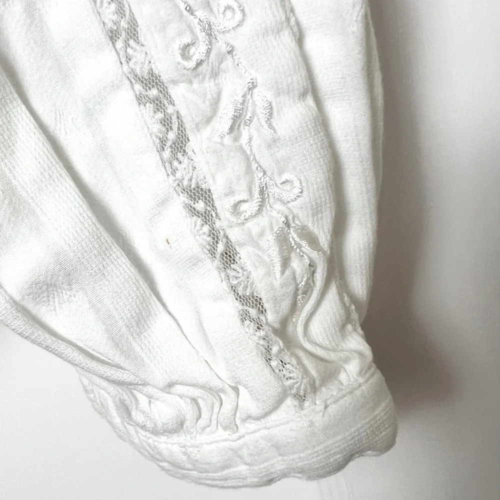 LOVESHACKFANCY Lace Embroidered Oversized Collar Puff Long Sleeve Pintuck Top XS